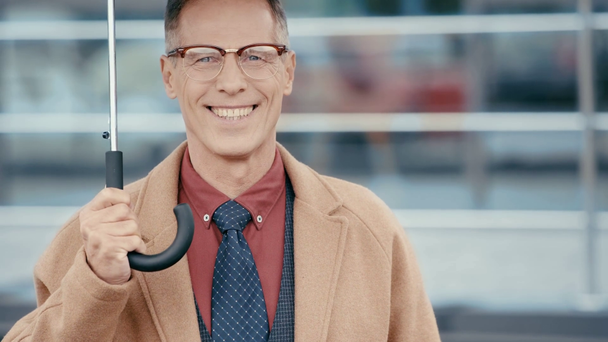 Lächelnder Geschäftsmann mit Regenschirm blickt in die Kamera  - Filmmaterial, Video