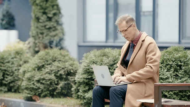 επιχειρηματίας με παλτό και γυαλιά χρησιμοποιώντας φορητό υπολογιστή  - Πλάνα, βίντεο