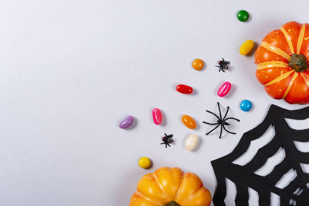 Halloween y concepto de decoración, web, dulces, araña y moscas sobre fondo gris
. - Foto, imagen