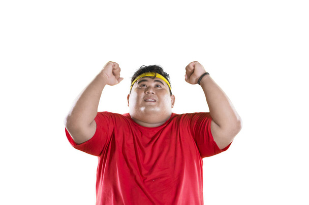 Obese man celebrates his success to lose weight - Φωτογραφία, εικόνα