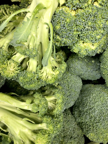 Green broccoli with drops of water, healthy nutritious vegetable that is low calorie with vitamins and nutrients, farmer's market produce or cooking ingredient for recipes, vegan or vegetarian cuisine - Fotó, kép
