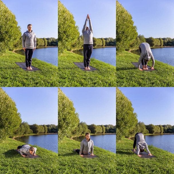 Collage aus mehreren Fotos zum Thema Yoga. Mann macht Yoga-Asanas im Stadtpark. Fitness im Freien und Life-Balance-Konzept. - Foto, Bild