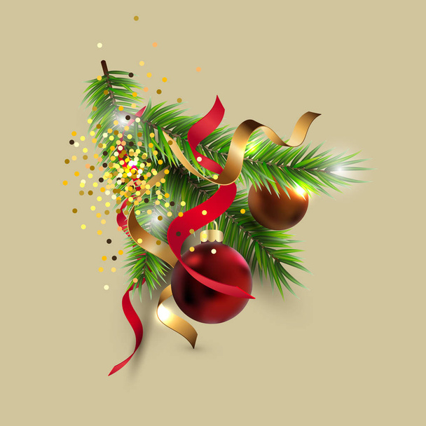 Christmas tree branch with red and golden balls, confetti isolated on background. Design element for Merry Christmas and New Year greeting card, flyer, poster, party invites. Vector illustration. - Vektor, obrázek