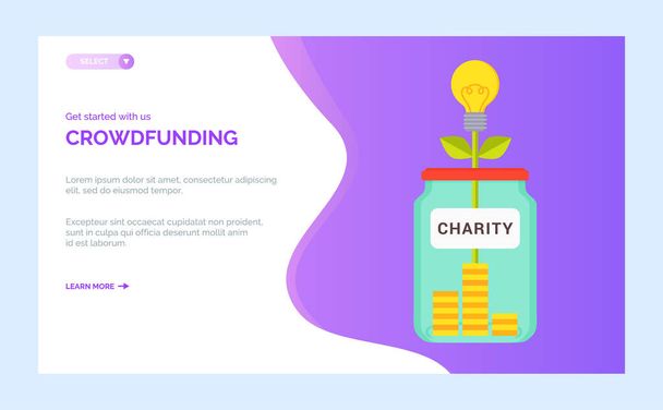 Crowdfunding projeto de caridade, caixa de dinheiro com moedas
 - Vetor, Imagem