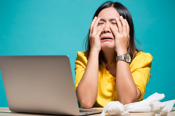Woman so sad when she look at laptop - Photo, Image
