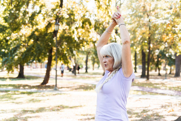 Mulher sênior fazendo ioga no parque, conceito de estilo de vida saudável
 - Foto, Imagem