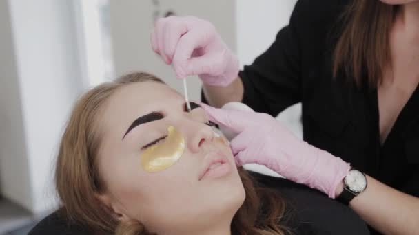 Profi-Make-up-Artist entfernt Augenbrauenfarbe an Kundin. - Filmmaterial, Video