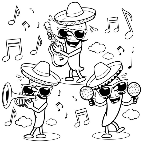 Cartoon hot mariachi peppers. Vector black and white coloring page. - Wektor, obraz