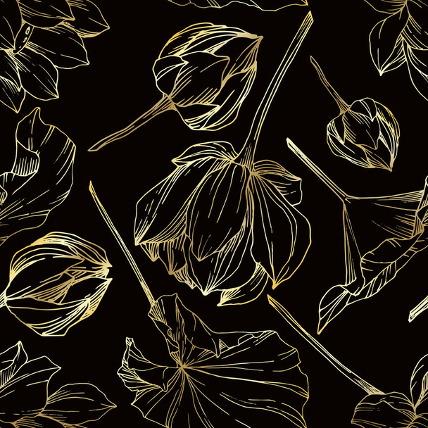 Flor botánica floral Vector Lotus. Tinta grabada en blanco y negro. Patrón de fondo sin costuras
. - Vector, Imagen