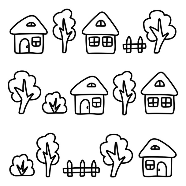Libro para colorear para niños. Casa dibujada a mano, arbusto, cerca, árbol. Ilustración gráfica de Doodle
 - Vector, imagen