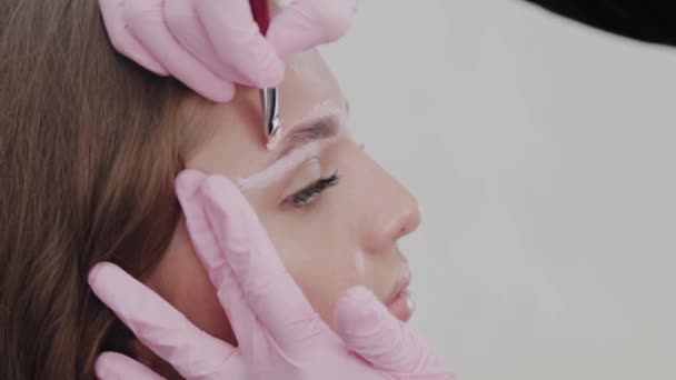 Artista de maquillaje profesional hace marcado de cejas para chica cliente
. - Imágenes, Vídeo