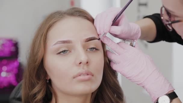Profesionální make-up maluje obočí na klienta s hennou. - Záběry, video