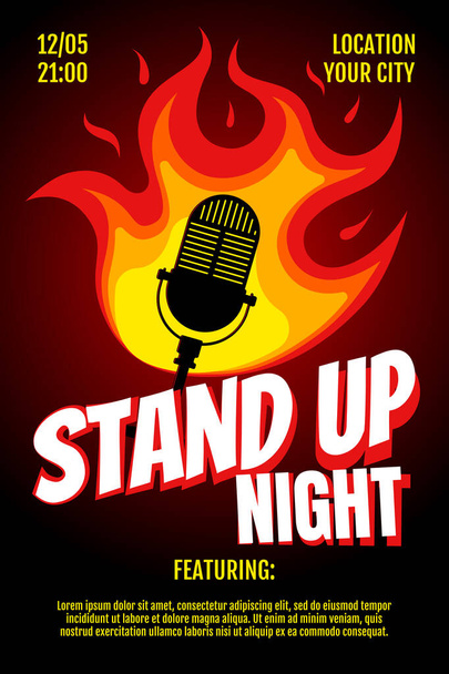 Stand Up Comedy Night Live-Show a3 a4 Plakatentwurf Vorlage. Retro-Standmikrofon mit Feuer auf schwarzem Hintergrund. heiße Witze braten Konzeptflyer. Vektor Open Mic Bühne Illustration - Vektor, Bild