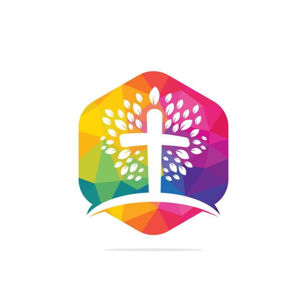 Tree religious cross symbol icon vector design. Prayer tree vector logo design template. - Vector, Image
