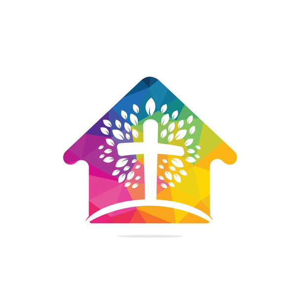 抽象的なホームとツリーの宗教的な十字記号のアイコンベクトルデザイン。祈りの木とホームベクトルロゴデザインテンプレート. - ベクター画像
