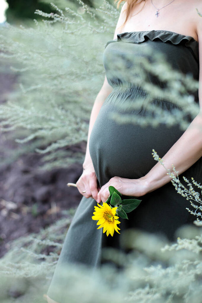 Femme enceinte tenant son ventre et sa fleur, en plein air. Grossesse, maternité et future mère heureuse concèdent
 - Photo, image