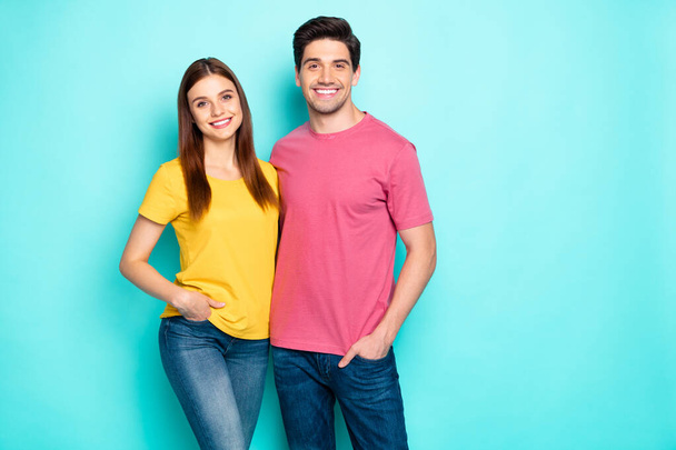 Portrait of his he her she nice attractive lovely sweet charming cute cheerful cheery couple hugging spending spring isolated over bright vivid shine vibrant green turquoise background - Fotoğraf, Görsel