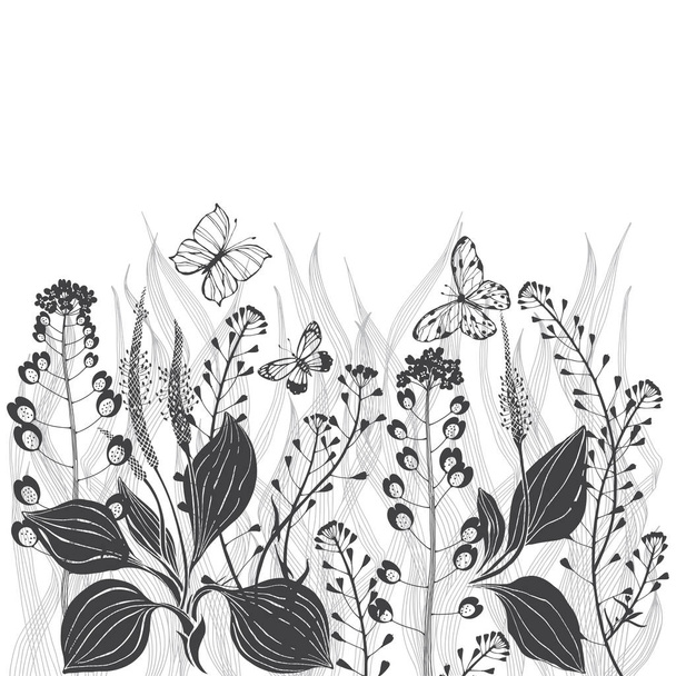 Floral vector background with meadow wildherbs and place for text on white. Invitation, greeting card or an element for your design. - Vektor, obrázek
