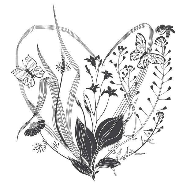 Virágvektor háttér rét vadon élő növények alakú szív és hely a szöveg fehér. Meghívó, üdvözlőlap vagy egy elem a design. - Vektor, kép