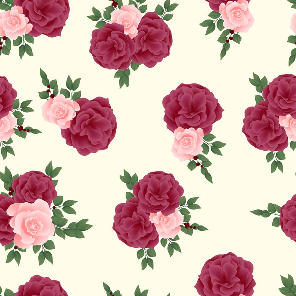 Seamless pattern with tender roses on pale yellow background - Vector, afbeelding