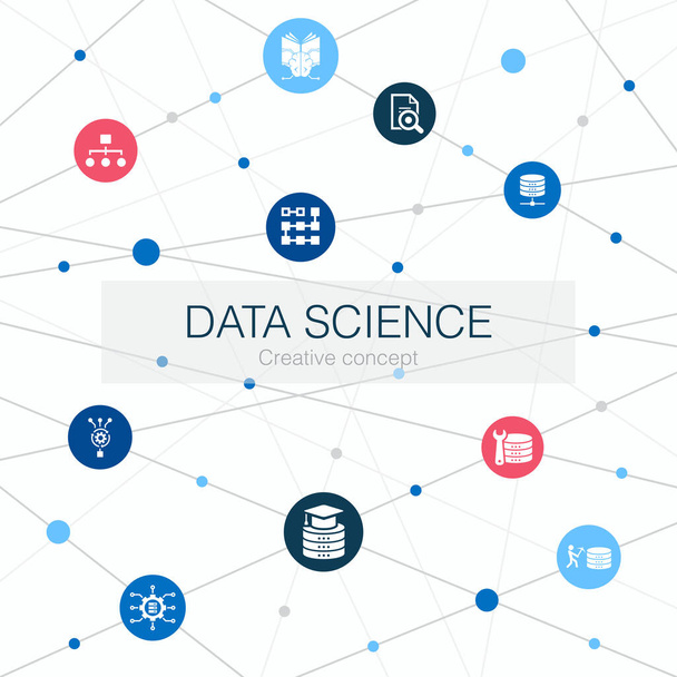 Data Science modny szablon strony internetowej z prostymi ikonami. Zawiera takie elementy jak uczenie maszynowe, Big Data, Baza danych - Wektor, obraz