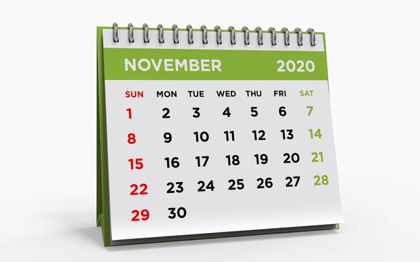 Stolní kalendář s kroužkovou pořadačem, Listopad 2020, 3d vykreslení - Fotografie, Obrázek