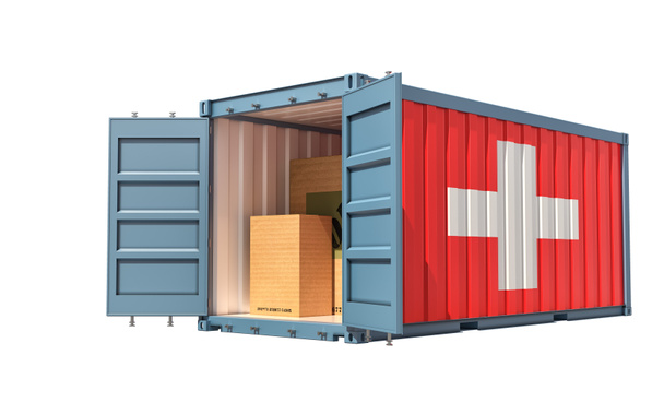 Nákladní kontejner se švýcarskou vlajkou izolovaný na bílém - 3D vykreslování - Fotografie, Obrázek