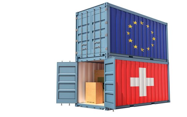 Avrupa Birliği ve İsviçre bayrağı taşıyan iki konteynır. Beyaz üzerinde izole edilmiş - 3d Hazırlama - Fotoğraf, Görsel