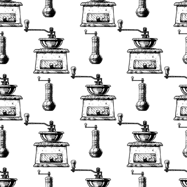 Pattern with manual burr mill coffee grinder - Vector, Image