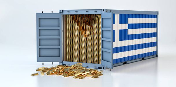 Conteneur de fret avec drapeau de la Grèce rempli de barres d'or. Quelques lingots d'or éparpillés sur le sol
 - Photo, image