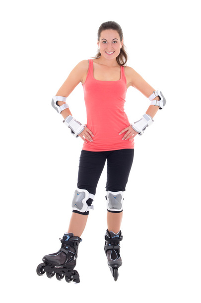 attractive woman in roller skates posing on white background - Photo, Image