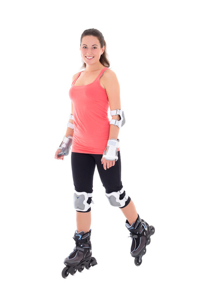attractive woman in roller skates isolated on white background - 写真・画像