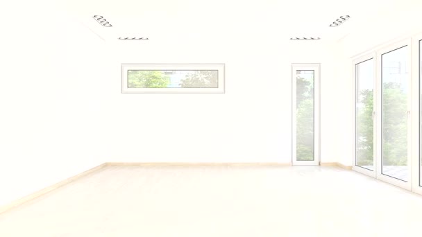 3D video animáció egy modern loft nagy ablakkal - Fényes nappali egy nagy piros kanapéval - Felvétel, videó