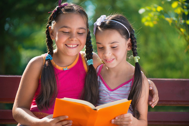 Sisters reading book in summer park - Foto, afbeelding