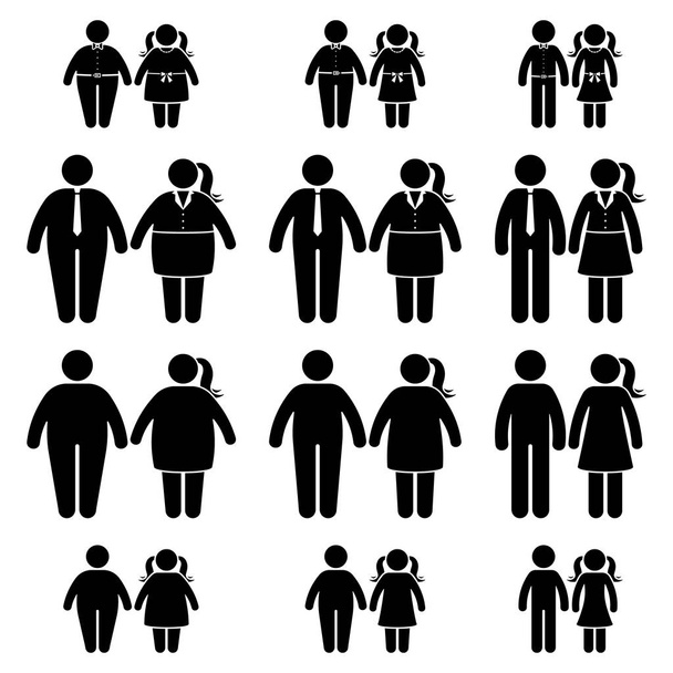 Kövér szülők és gyerekek kibír figura vektor ikon készlet. Elhízott emberek, gyerekek, pár fekete-fehér lapos stílusú piktogram fehér háttér - Vektor, kép