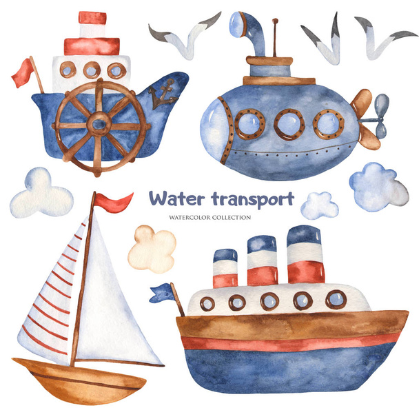 Acuarela lindo barco de vapor de dibujos animados, barco, submarino, velero clipart. Ideal para tarjetas, invitaciones, blogs, cumpleaños, baby shower, impresiones, viajes
. - Foto, imagen