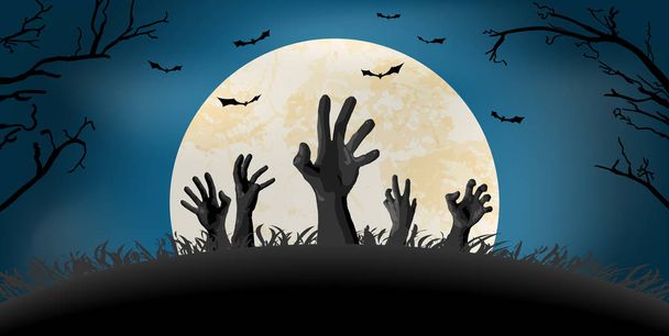 Halloween zombie hand in front of full moon - Vector, Image