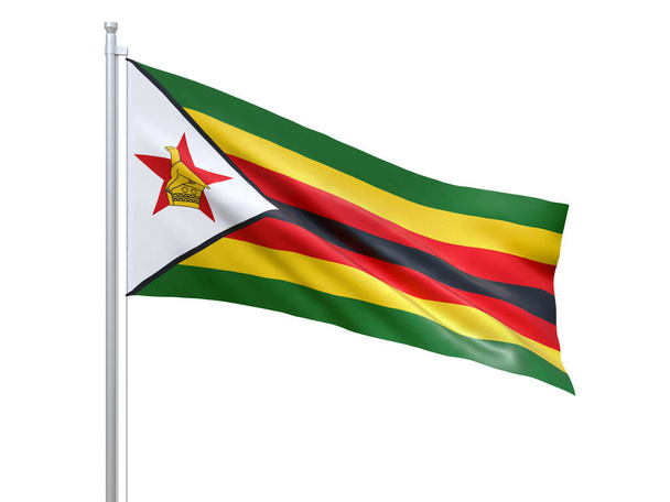 Flaga Zimbabwe machająca na białym tle, z bliska, odizolowana. 3d renderowanie - Zdjęcie, obraz