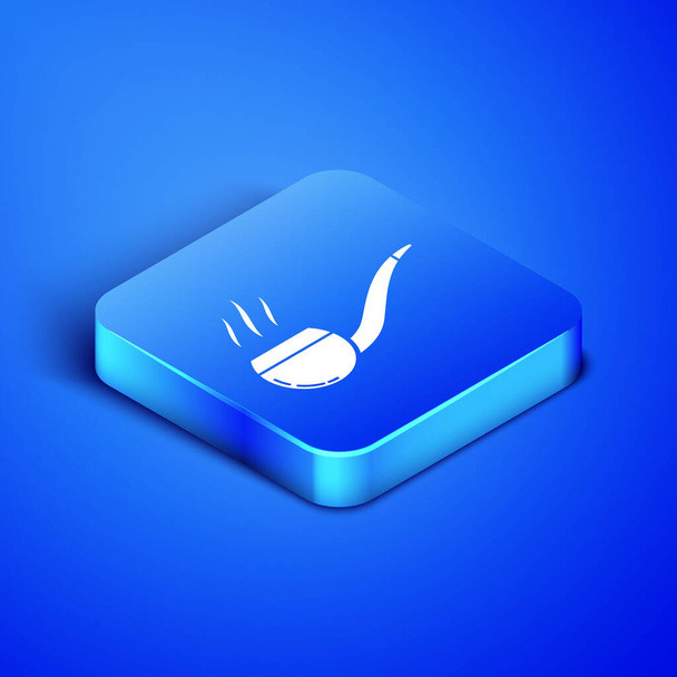 Isometric Smoking pipe with smoke icon isolated on blue background. Tobacco pipe. Blue square button. Vector Illustration - Vektör, Görsel