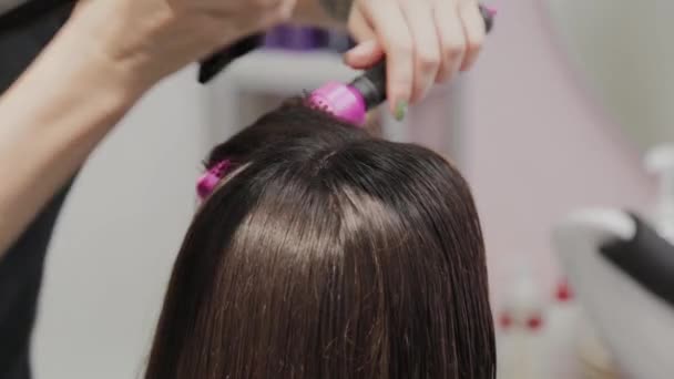 女の子の美容師は、美容師でヘアドライヤーでクライアントに髪を乾かします. - 映像、動画