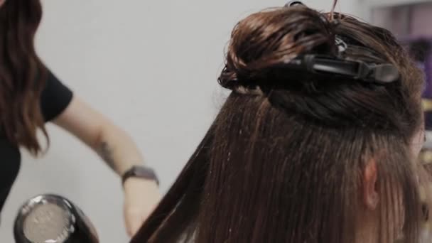 Dziewczyna fryzjer suszy włosy do klienta z suszarką do włosów u fryzjera. - Materiał filmowy, wideo