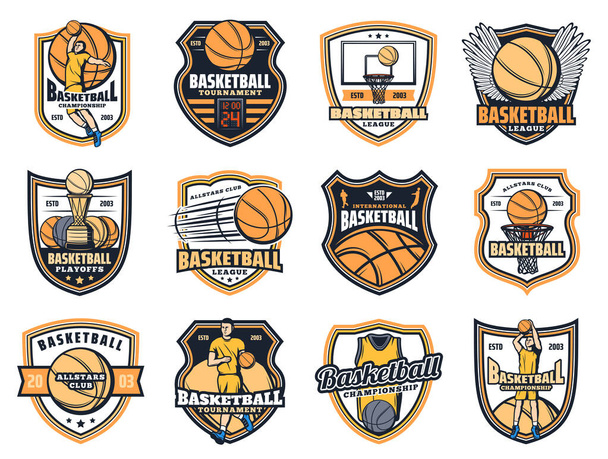 Basketball balls, sport game players, trophy cups - Vector, afbeelding