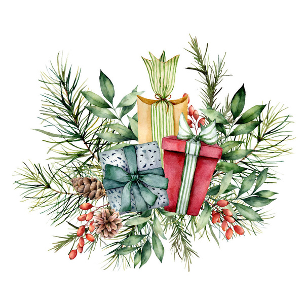 ギフトボックスや花の装飾と水彩クリスマスカード。手描きの果実、松のコーン、モミやユーカリの枝は白い背景に隔離された。デザイン、プリント、背景のための休日の印刷. - 写真・画像