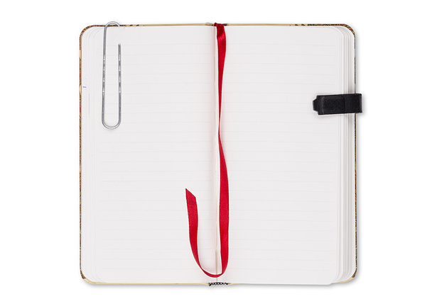 blank page of note book with paper clip and elastic strap isolat - Photo, Image