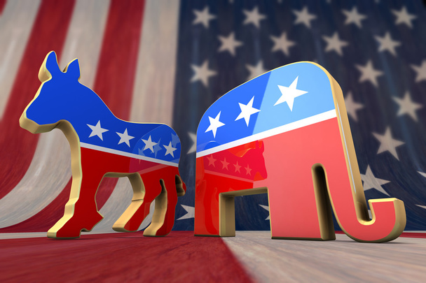 Democrat Party and Republican Party Symbol on an American Flag Background - Photo, Image