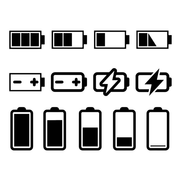Diferentes iconos de carga de capacidad de batería con estado completo y bajo
 - Vector, imagen