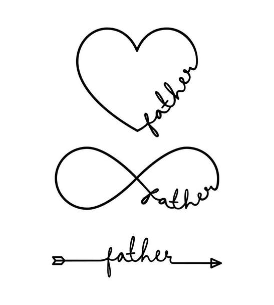 Ojciec - słowo z symbolem nieskończoności, ręcznie rysowane serce, jedna czarna linia strzałek. Minimalistyczny rysunek ilustracji frazy - Wektor, obraz