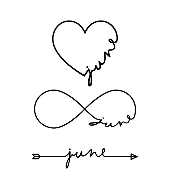 Ιούνιος - λέξη με σύμβολο απείρου, ζωγραφισμένη στο χέρι καρδιά, μια μαύρη γραμμή βέλους. Μινιμαλιστικό σχέδιο της απεικόνισης φράσεων - Διάνυσμα, εικόνα