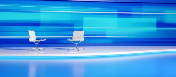 Two white, empty chairs in the modern tv studio with the wide screen. 3D render illustration. - Fotoğraf, Görsel