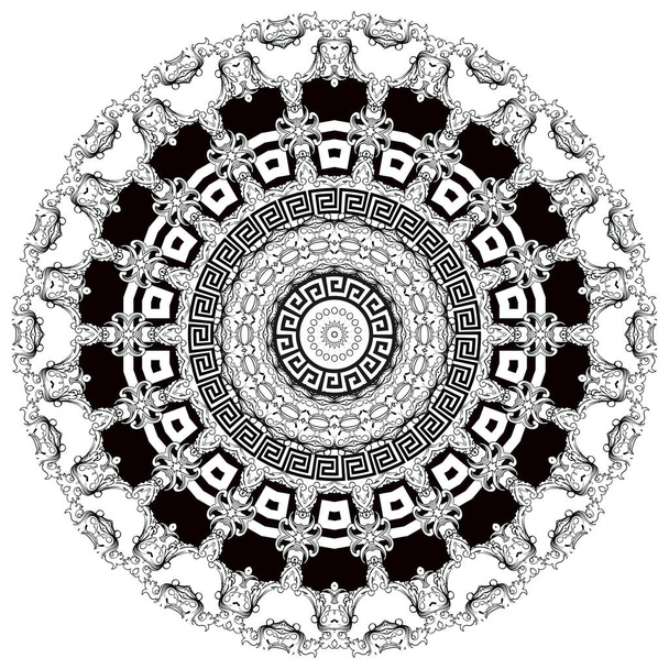 Греческий вектор черно-белый кружевной мандала. Геометрический фон с цветочным барочным и греческим оттенками. Геометрические формы, круги. Винтажные цветы, листья. Греческий орнамент из мандала
. - Вектор,изображение